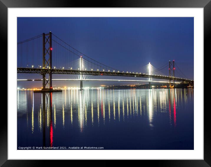 Forth Road Bridges at Dusk South Queensferry Framed Mounted Print by Mark Sunderland