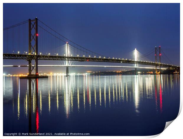 Forth Road Bridges at Dusk South Queensferry Print by Mark Sunderland