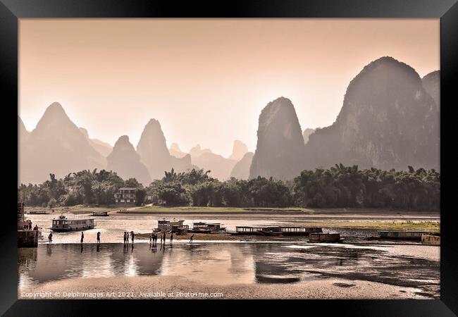 China. Landscape of Li river at sunset near Guilin Framed Print by Delphimages Art