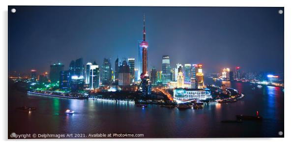 Shanghai, China. Skyline panoramic view at night Acrylic by Delphimages Art