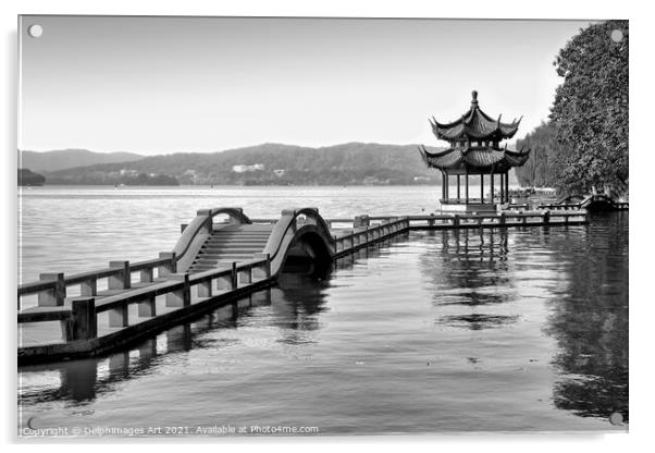 Chinese bridge on Hangzhou lake, China Acrylic by Delphimages Art