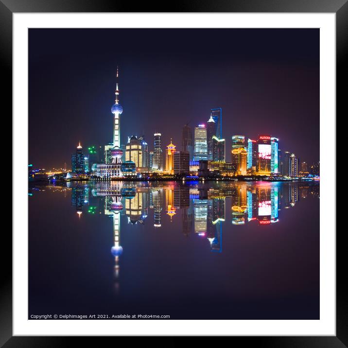 Shanghai skyline at night reflections in the river Framed Mounted Print by Delphimages Art
