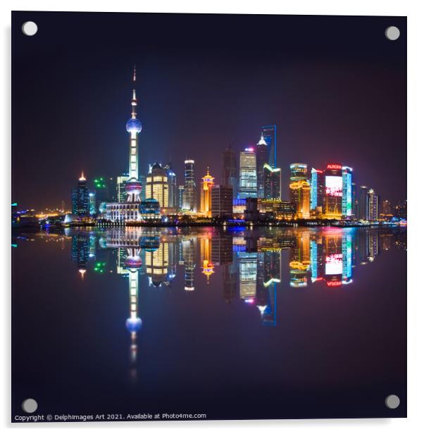 Shanghai skyline at night reflections in the river Acrylic by Delphimages Art