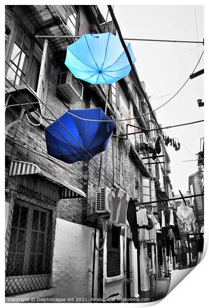 Shanghai, China. Umbrellas in a street after the r Print by Delphimages Art