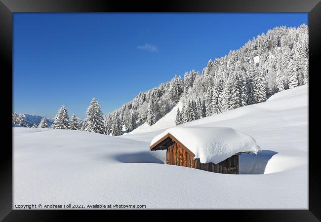 Little hut in the snow Framed Print by Andreas Föll