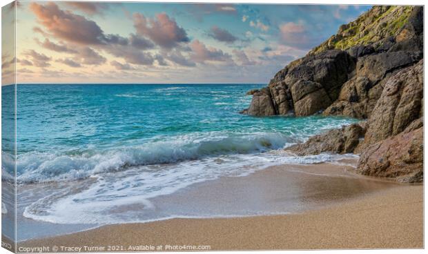 Sunset Clouds at Porthcurno in Cornwall Canvas Print by Tracey Turner