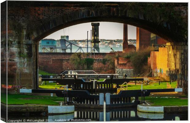 Canal locks into Leeds Liverpool Canal near Liverpool Canvas Print by Phil Longfoot