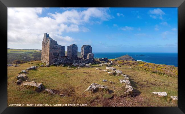 Kenidjack Cliff Castle Panorama with Cape Cornwall Framed Print by Tracey Turner