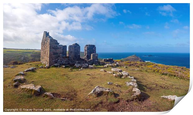 Kenidjack Cliff Castle Panorama with Cape Cornwall Print by Tracey Turner
