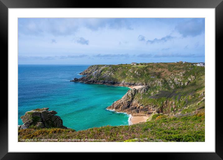 Porthcurno view to Minack Theatre in Cornwall Framed Mounted Print by Tracey Turner