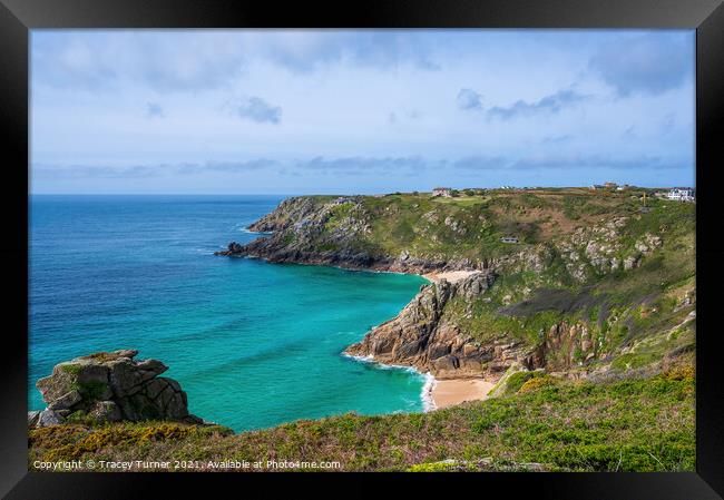 Porthcurno view to Minack Theatre in Cornwall Framed Print by Tracey Turner