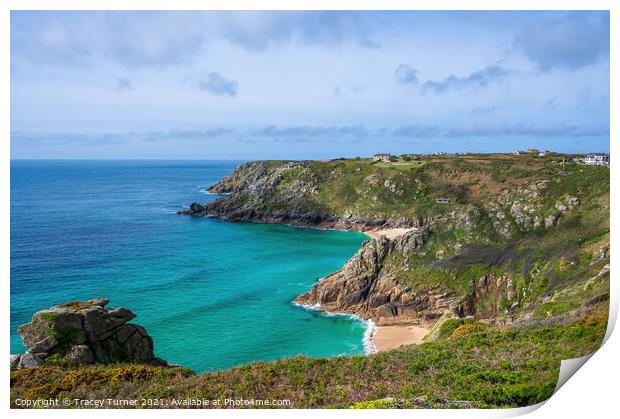 Porthcurno view to Minack Theatre in Cornwall Print by Tracey Turner