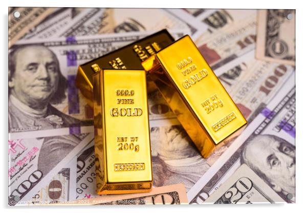 Gold bullion on American dollar bills, concept of commodities to Acrylic by Joaquin Corbalan