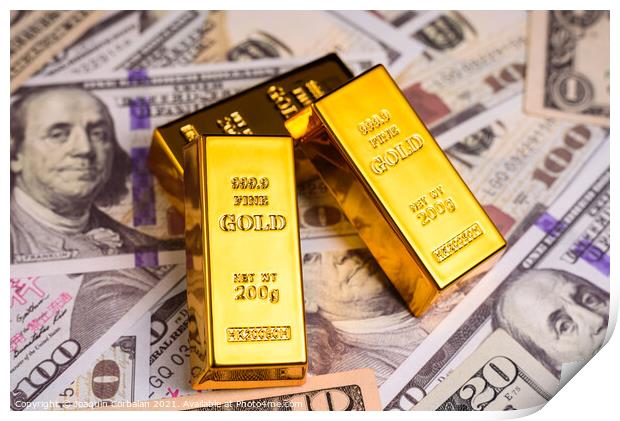 Gold bullion on American dollar bills, concept of commodities to Print by Joaquin Corbalan