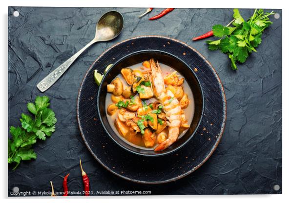 Tom yum soup with seafood and coconut milk,top vie Acrylic by Mykola Lunov Mykola