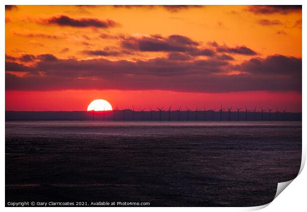 A Wind Farm Sunset Print by Gary Clarricoates
