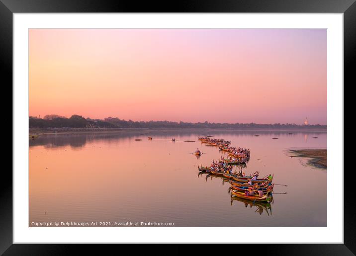 Myanmar. Boats on the lake at sunset near Mandalay Framed Mounted Print by Delphimages Art
