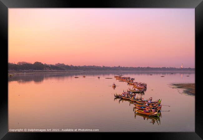 Myanmar. Boats on the lake at sunset near Mandalay Framed Print by Delphimages Art