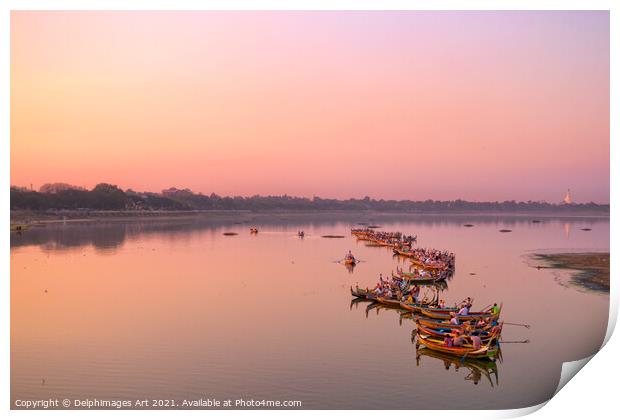 Myanmar. Boats on the lake at sunset near Mandalay Print by Delphimages Art