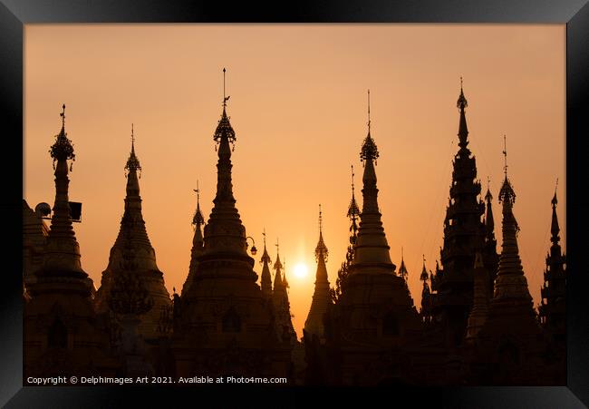 Myanmar. Shwedagon pagoda at sunset, Yangon Framed Print by Delphimages Art