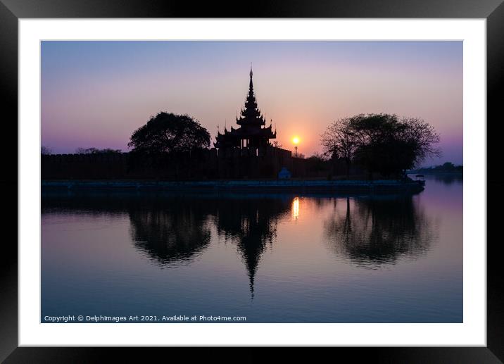 Myanmar. Royal palace in Mandalay at sunset Framed Mounted Print by Delphimages Art