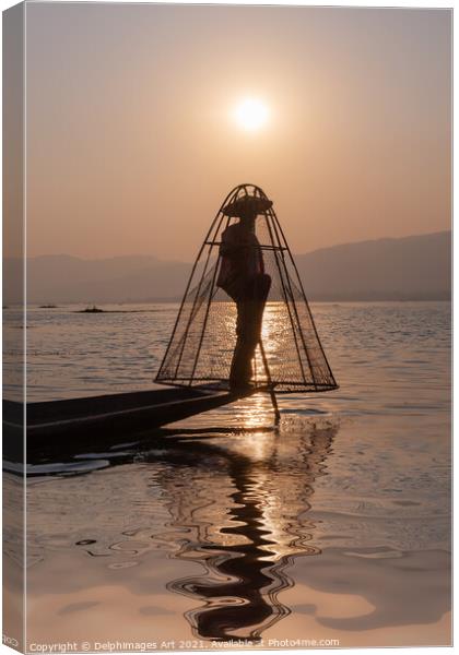 Myanmar. Fisherman on Inle lake at sunset, Burma Canvas Print by Delphimages Art