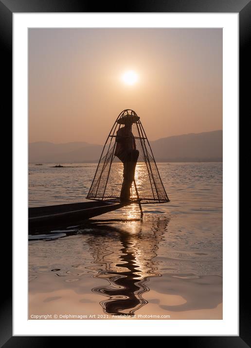Myanmar. Fisherman on Inle lake at sunset, Burma Framed Mounted Print by Delphimages Art