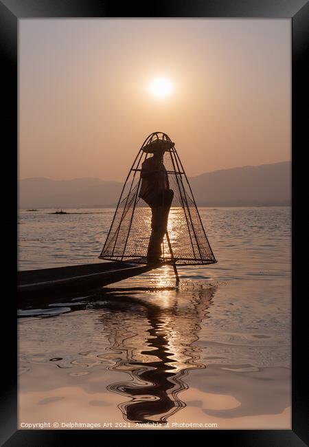 Myanmar. Fisherman on Inle lake at sunset, Burma Framed Print by Delphimages Art