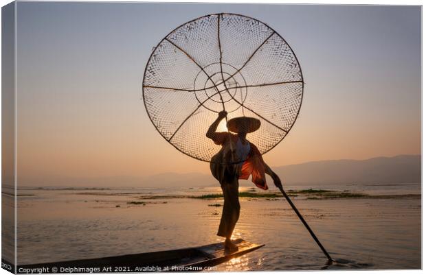 Myanmar. Fisherman at sunset on Inle lake, Burma Canvas Print by Delphimages Art