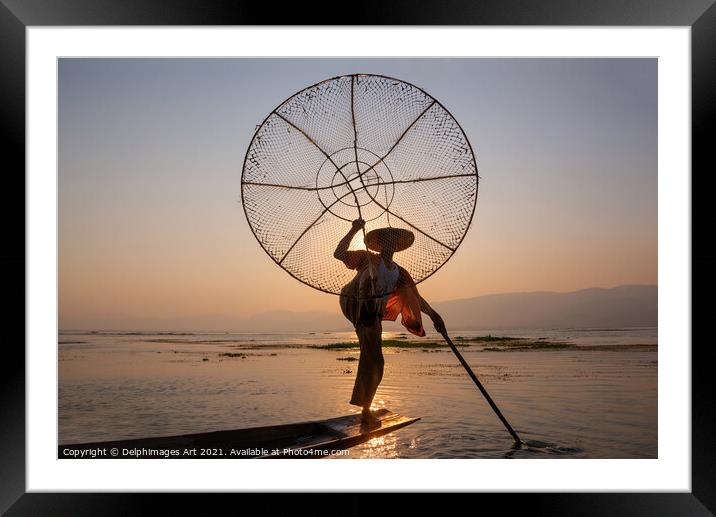 Myanmar. Fisherman at sunset on Inle lake, Burma Framed Mounted Print by Delphimages Art