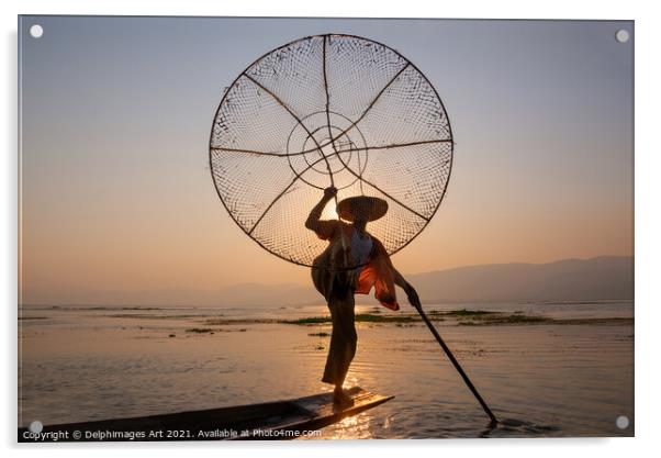 Myanmar. Fisherman at sunset on Inle lake, Burma Acrylic by Delphimages Art