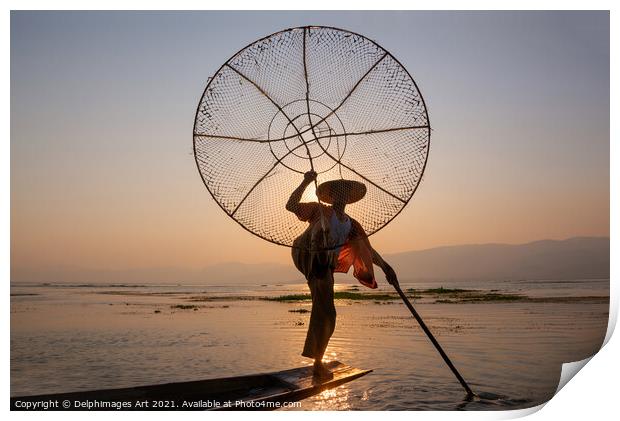 Myanmar. Fisherman at sunset on Inle lake, Burma Print by Delphimages Art