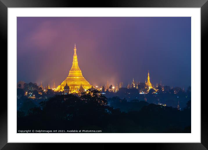 Myanmar. Shwedagon pagoda at night, Yangon Framed Mounted Print by Delphimages Art