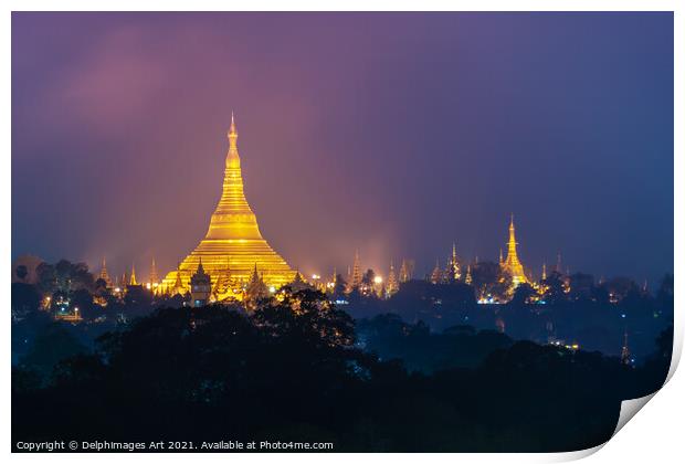 Myanmar. Shwedagon pagoda at night, Yangon Print by Delphimages Art
