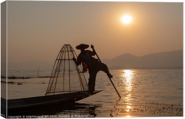 Myanmar. Fisherman on Inle lake at sunset, Burma Canvas Print by Delphimages Art
