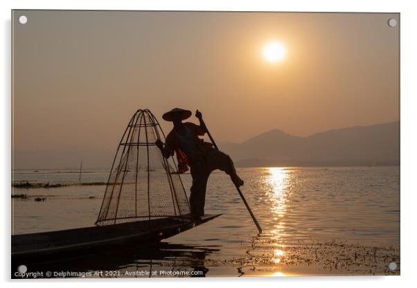 Myanmar. Fisherman on Inle lake at sunset, Burma Acrylic by Delphimages Art