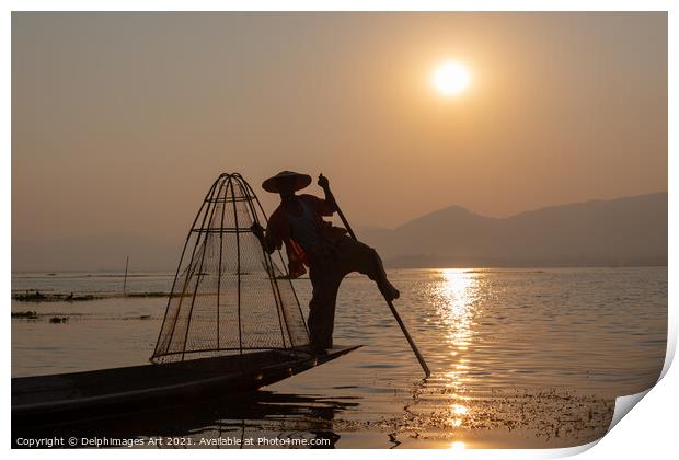 Myanmar. Fisherman on Inle lake at sunset, Burma Print by Delphimages Art