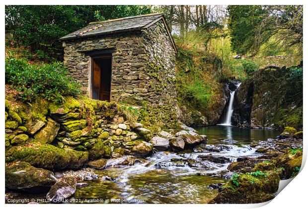Rydal hall hut and waterfall 529 Print by PHILIP CHALK