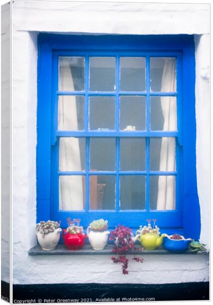 Seaside Cottage Blue Window Complete With Teapot Vases Canvas Print by Peter Greenway