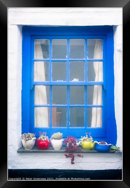 Seaside Cottage Blue Window Complete With Teapot Vases Framed Print by Peter Greenway