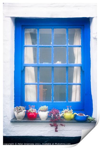 Seaside Cottage Blue Window Complete With Teapot Vases Print by Peter Greenway