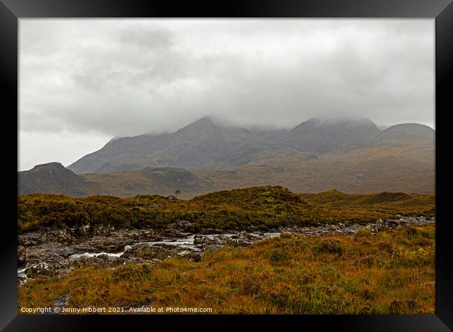 Cuillin Mountains with the river Sligachan running below Framed Print by Jenny Hibbert