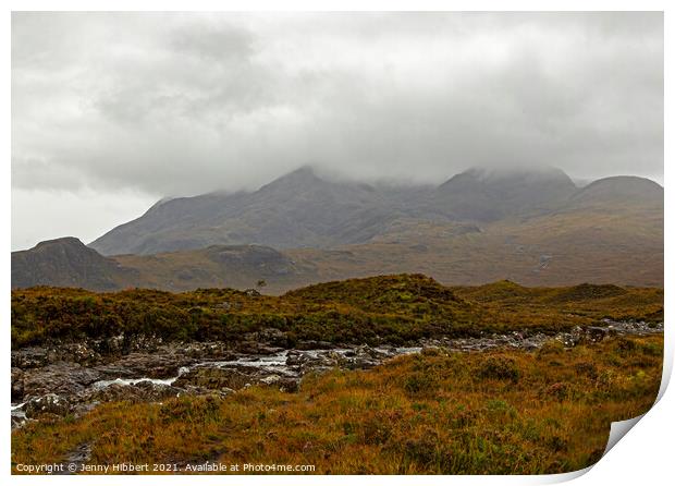 Cuillin Mountains with the river Sligachan running below Print by Jenny Hibbert