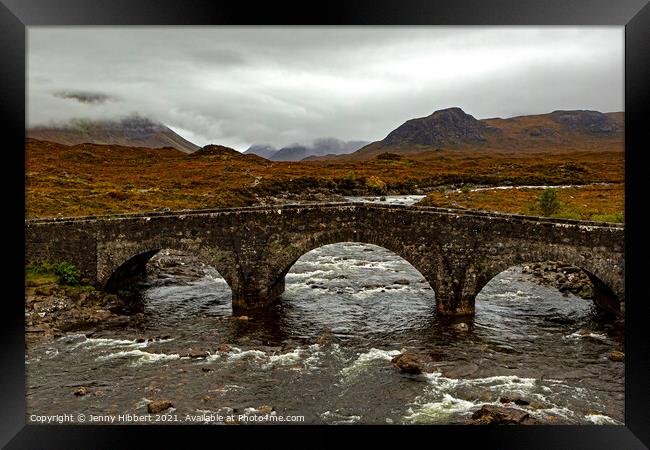 View of Sligachan bridge with the Cuillin mountains Framed Print by Jenny Hibbert