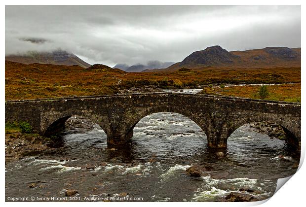 View of Sligachan bridge with the Cuillin mountains Print by Jenny Hibbert