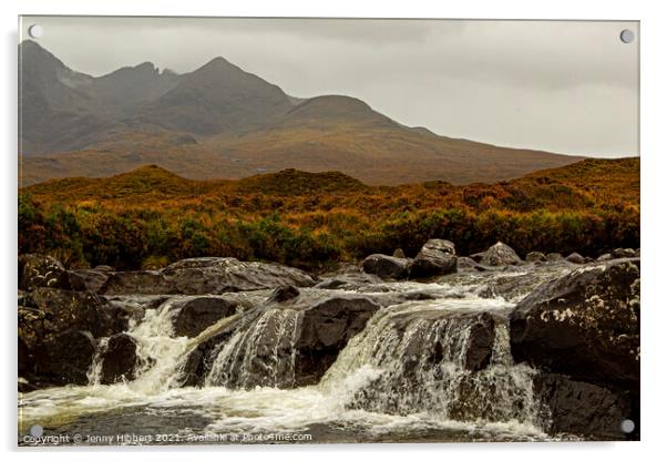 Sligachan river going over a weir Isle of Skye Acrylic by Jenny Hibbert