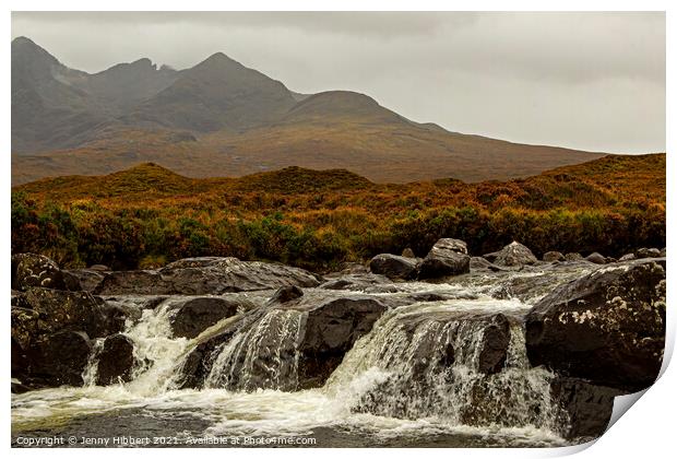 Sligachan river going over a weir Isle of Skye Print by Jenny Hibbert