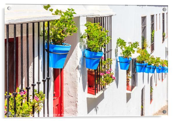 Blue plant pots against whitewashed walls,  Acrylic by Kevin Hellon