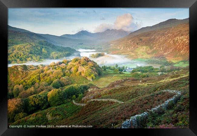 The Snowdon massif from above Capel Curig Framed Print by Justin Foulkes