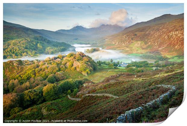 The Snowdon massif from above Capel Curig Print by Justin Foulkes